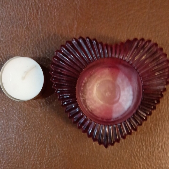 Heart-Shaped Red Glass Candle Holder And New White Votive Candle - Picture 3 of 8